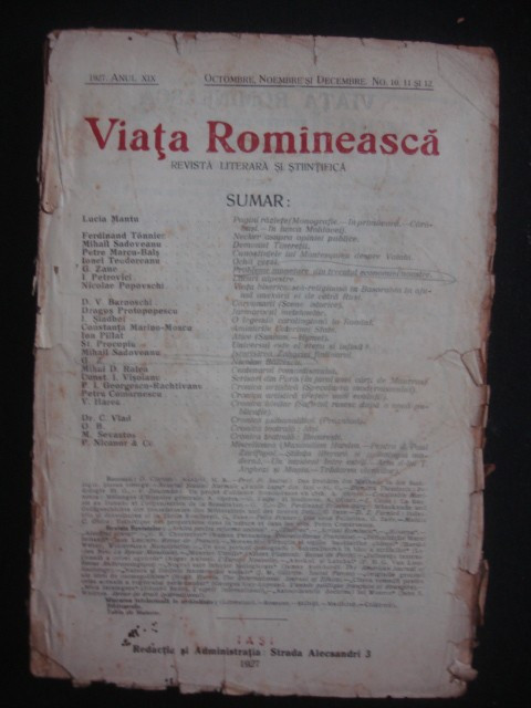 Revista Viata Romaneasca, anul XIX, nr. 10, 11, 12, Octombrie, Noiembrie... 1927