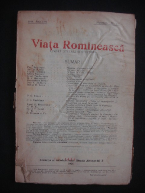 REVISTA VIATA ROMANEASCA - REVISTA LITERARA SI STIINTIFICA - NOEMBRE NO 11 - 1926 ANUL XVIII