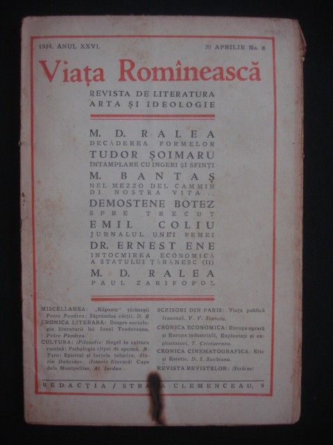 REVISTA VIATA ROMANEASCA - REVISTA LITERARA SI STIINTIFICA - 30 APRILIE NO 8 - 1934 ANUL XXVI