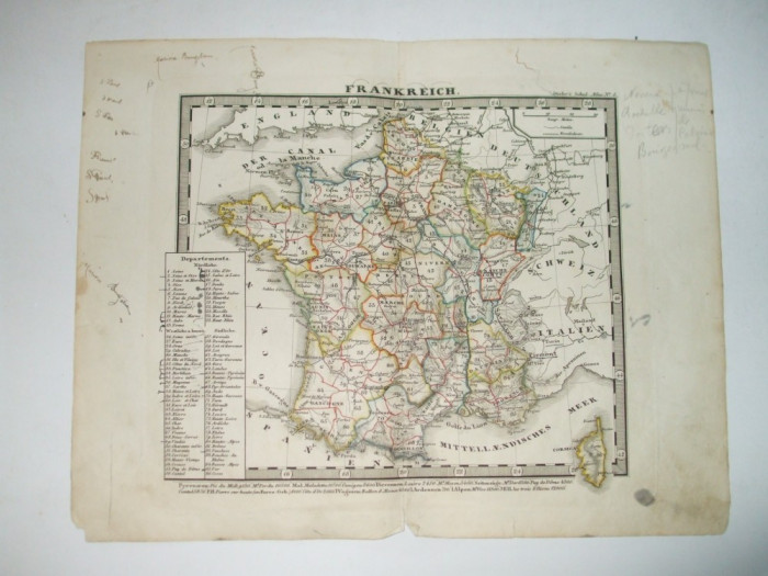 Harta Gravura color Franta 1853