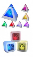 - LIVRARE CARGUS - Ceas cub sau piramida multicolor ( termometru data calendar ) Ecran iluminat 7 culori. Joc de lumini FACTURA si GARANTIE 12 Luni foto