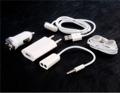 Incarcator 5 in 1 priza + auto + cablu USB + casti + spliter casti Apple iPhone 3G 3GS 4 4S iPod foto