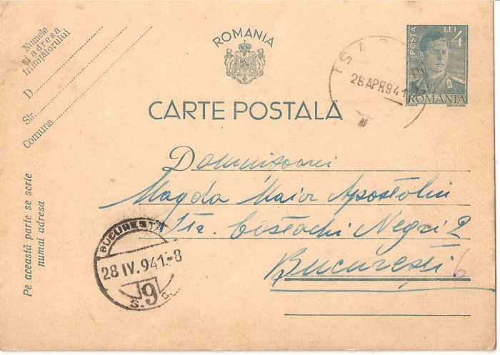 CPI (B2908) CARTE POSTALA, CIRCULATA, 26.APR.1941, STAMPILE, TIMBRU