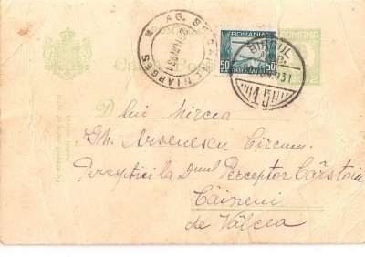 CPI (B2901) CARTE POSTALA, CIRCULATA 1931, CAINENI VALCEA ARGES, PERCEPTOR foto