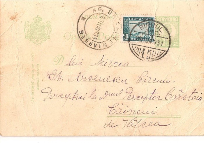 CPI (B2901) CARTE POSTALA, CIRCULATA 1931, CAINENI VALCEA ARGES, PERCEPTOR