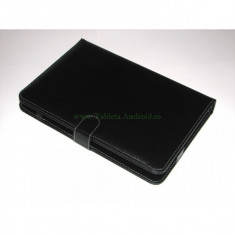 Husa cu tastatura, pentru tablete 10.1 inch, 10.2 inch, mufa USB, neagra, piele ecologica, 4 cleme metalice si elastic, foto