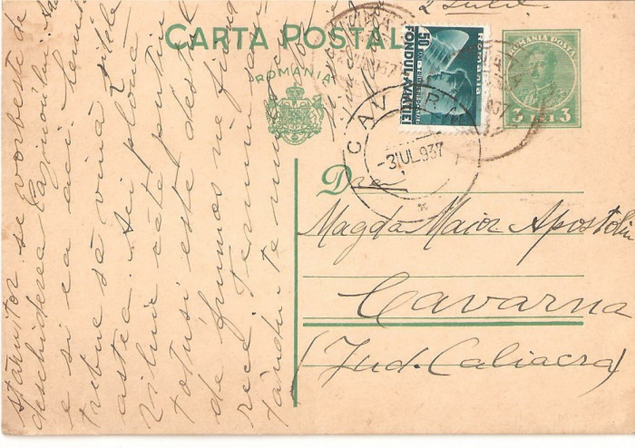 CPI (B2909) CARTE POSTALA, CIRCULATA, 3.IUL.1937, STAMPILE, TIMBRE