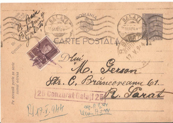 CPI (B2911) CARTE POSTALA, CIRCULATA, 17.V.1944, STAMPILE, TIMBRE, CENZURAT