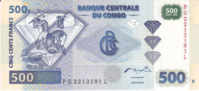 Bancnota Congo 500 Franci 2002 - P96 UNC foto