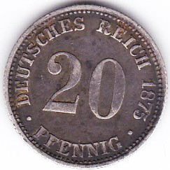 Germania 20 PFENNIG 1875 B argint,necuratata patina frumoasa,COTATIE RIDICATA