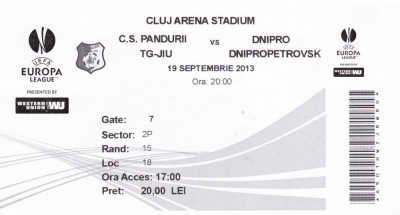 Bilet Meci Europa League C.S. Pandurii Tg. Jiu - Dnipro Dnipropetrovsk 19 Octombrie 2013 foto