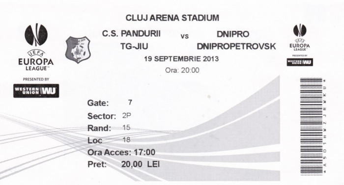 Bilet Meci Europa League C.S. Pandurii Tg. Jiu - Dnipro Dnipropetrovsk 19 Octombrie 2013