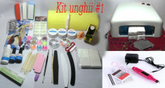 Kit unghii false cu gel (pile,primer,finish,degresant,ulei cuticula,tips,gel sina,sabloane constructie,servetele,,pensula gel,slipici,lampa 36w foto