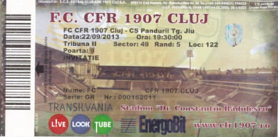 Bilet Meci Invitatie - F.C. CFR 1907 CLUJ - CS PANDURII TG. JIU , 22/09/2013 foto