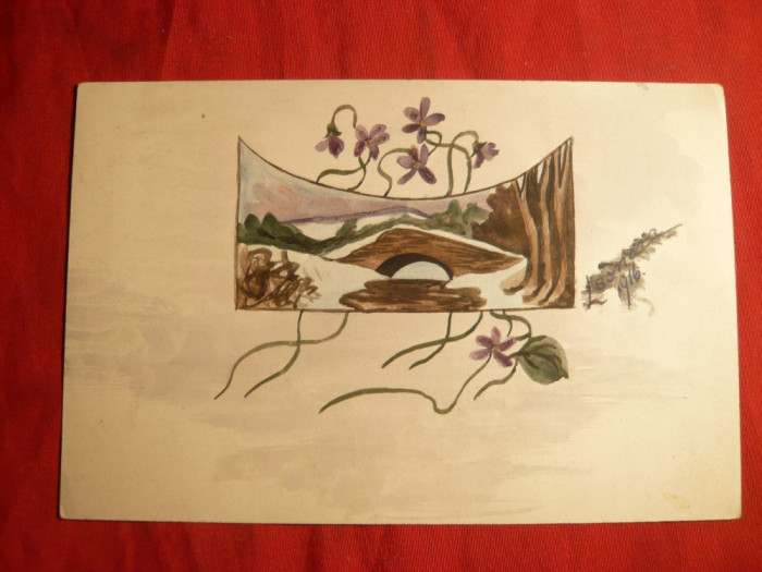 Ilustrata pictata manual ( acuarela) cu semnatura Leonora 1916