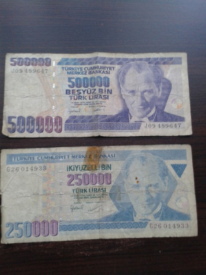 1 bancnota de 500000 lire turcesti 14 ocak 1970 + 1 bancnota 250000 14 ocak 1970 foto