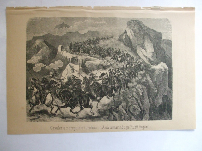 Gravura Cavaleria neregulata turceasca in Asia urmarind pe rusii fugariti 22 x 15 cm 1878