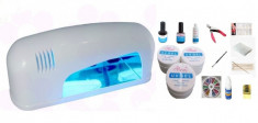 Mega kit / set manichiura unghii false - lampa uv - geluri - primer - top coat - degresant foto