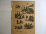 Gravura Chipuri din armata turceasca Sumari, Zaptii, Nizami, Ofiteri, Suvari, Cerchesi, Nizami 22 x 15 cm 1878