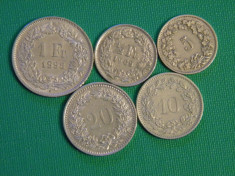 Lot Elvetia 5 monede diferite 1 franc 1/2 franc 20 centi 10 centi 5 centi foto