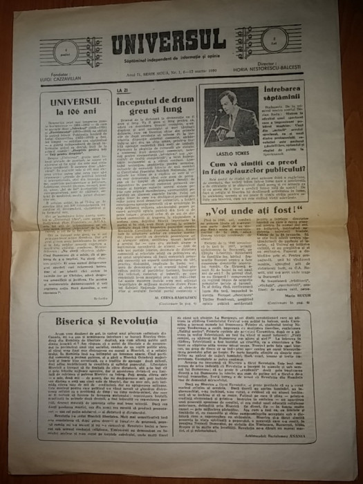 ziarul universul 6-12 martie 1990-serie noua,nr. 1 ,primul nr. dupa revolutie