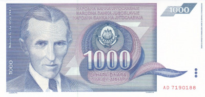 Bancnota Iugoslavia 1.000 Dinari 1991 - P110 UNC foto