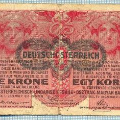 968 BANCNOTA - AUSTRO-UNGARIA, stampila DEUTSCHOSTERREICH - 1 KRONE - anul 1916? -SERIA 421269 -scrie si in romana, una coroana -starea care se vede