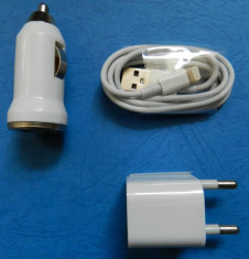 Kit Cablu de date compatibil iPhone 5 + Incarcator priza USB 5V 1A + Incarcator de masina bricheta 5V 1A - NOU foto