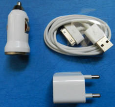 Kit Cablu de date compatibil iPhone 3 4 + Incarcator priza USB 5V 1A + Incarcator de masina bricheta 5V 1A - NOU foto