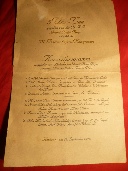 Program Concert Karlsbad 1930 -la Congres Balneologie