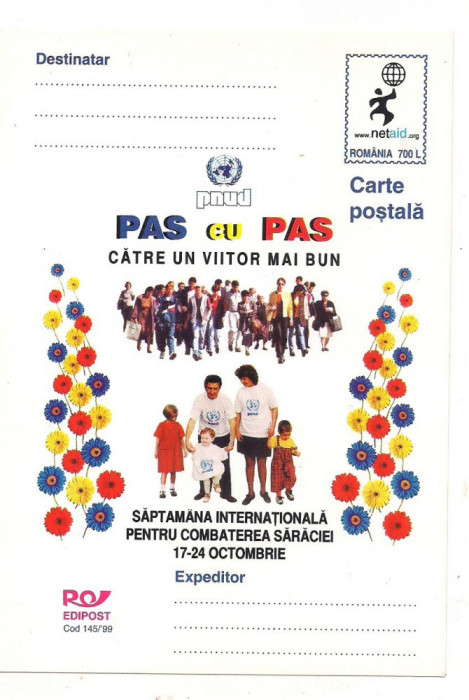 #carte postala-Editia de lux-SAPTAMANA INTERNATIONALA PENTRU COMBATEREA SARACIEI 17-20 octombrie 1999 -marca fixa