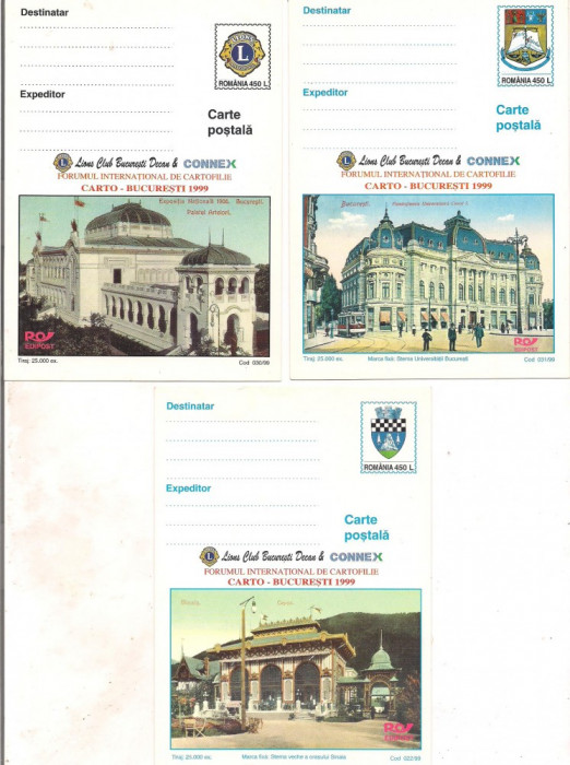 #carte postala -Editia de lux-Forumul International de cartofilie CARTO- BUCUREST 1999 marca fixa-SERIE DE 5 VAL