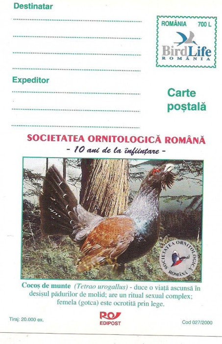 #carte postala-Editia de lux-pasari-COCOS DE MUNTE-marca fixa