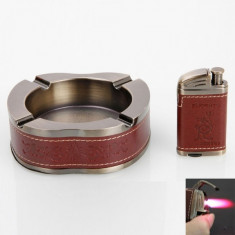 Windproof Butane Refillable Cigarette Lighter Gray &amp;amp; Apple Shape Ashtray Set WW13009803 foto