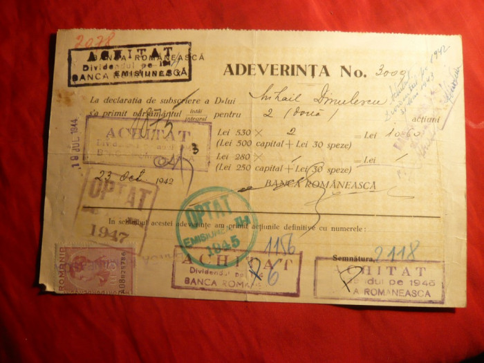 Adeverinta pt. Titluri Nominative Banca Romaneasca 1942