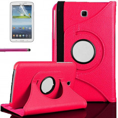 Livrare gratuita! Husa stand din piele roz, rotativa, 360 grade, Samsung Galaxy Tab 3 7.0 (7&amp;quot;) + folie ecran + laveta microfibra + stylus + cablu OTG foto