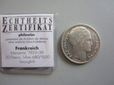 20 FRANCS 1933 FRANTA - MONEDA ARGINT 20 GR foto