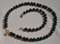 Handmade: Set bijuterii: colier + bratara - margele sticla verde-smarald + accesorii placate cu aur foto