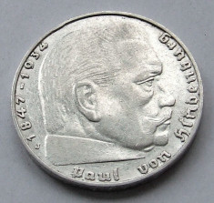 2 Marci 1938 J - Mark - Reichsmark - Germania - Al treilea Reich - Argint - Hindenburg foto