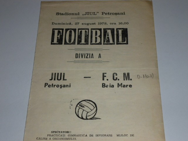Program meci fotbal JIUL PETROSANI - FCM BAIA MARE 27.08.1978