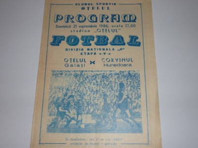 Program meci fotbal OTELUL GALATI - CORVINUL HUNEDOARA 21.09.1986 foto