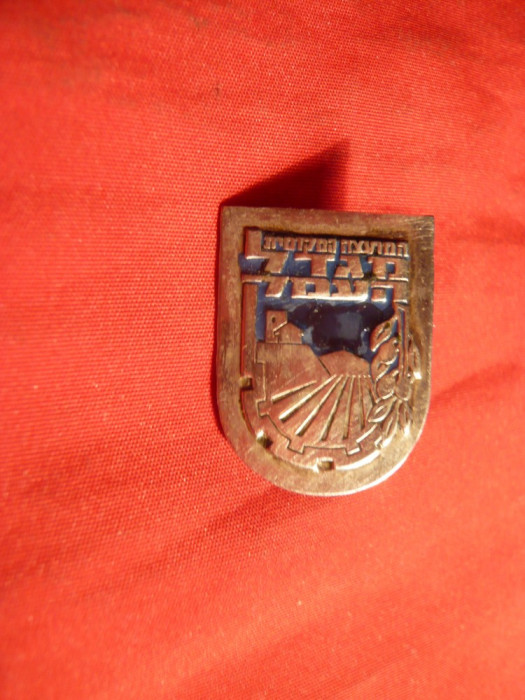 Insigna veche evreeasca , h= 2,6 cm ,metal argintat si email