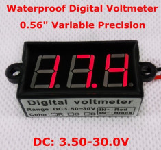 Voltmetru digital rosu, 3.5-30 V, waterproof, 3 digit, 2 fire, rezistent la apa foto