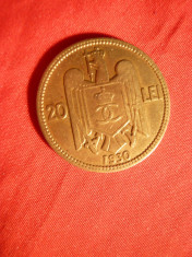 Moneda 20 Lei 1930 Carol II ,bronz ,fara semn monetar ,cal.F.Buna foto