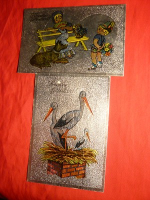 2 Felicitari - Ilustrate ,argintate ,Romania foto