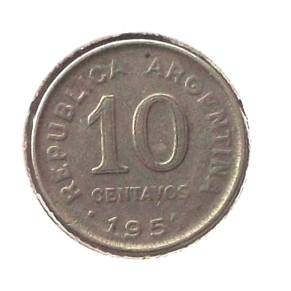 G4. ARGENTINA 10 CENTAVOS 1951, 3 g., Copper-Nickel, 19 mm Jose de San Martin **