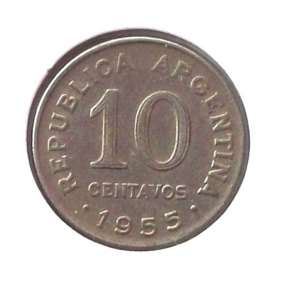 G4. ARGENTINA 10 CENTAVOS 1955, 3 g., Nickel Clad Steel, 19 mm, San Martin ** foto
