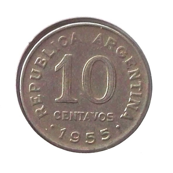 G4. ARGENTINA 10 CENTAVOS 1955, 3 g., Nickel Clad Steel, 19 mm, San Martin **