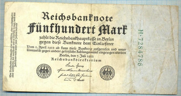 1779 BANCNOTA - GERMANIA - 500 MARK - anul 1922 -SERIA 7284786 -starea care se vede