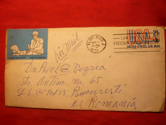 Plic circulat cu 2 Vignete Medicale ,Paste 1973 ,SUA-Romania ,Posta Aeriana